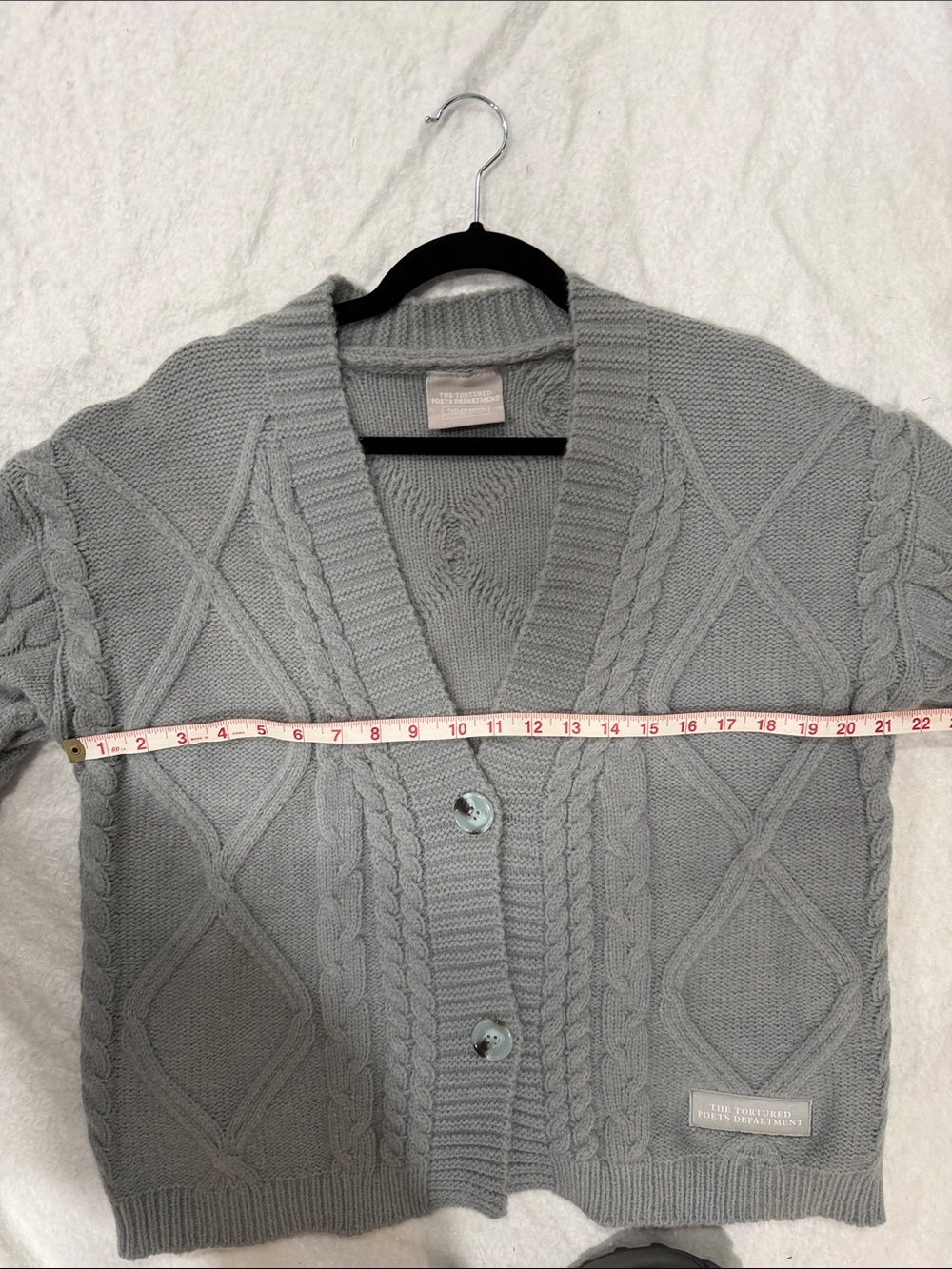 Taylor Swift Official Tortured Poets Society Light Gray Braided Cable Cardigan - Picture 6 of 7